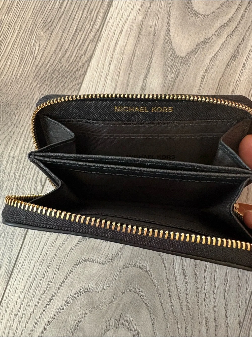 Michael Kors Black Pebbled Leather Zip Card Holder with Gold Hardware